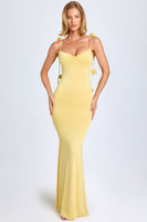 Slinky Jersey Floral-Appliqué Gown in Pastel Yellow