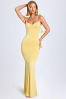 Slinky Jersey Floral-Appliqué Gown in Pastel Yellow