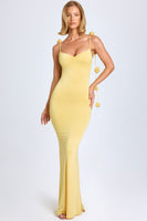 Slinky Jersey Floral-Appliqué Gown in Pastel Yellow