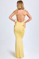 Slinky Jersey Floral-Appliqué Gown in Pastel Yellow