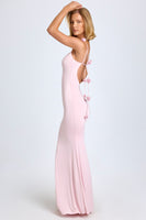 Slinky Jersey Floral-Appliqué Gown in Blush