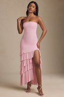 Bandeau Ruched Ruffle-Trim Maxi Dress in Blush