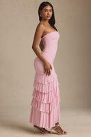 Bandeau Ruched Ruffle-Trim Maxi Dress in Blush