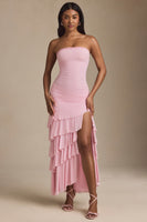 Bandeau Ruched Ruffle-Trim Maxi Dress in Blush
