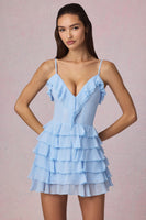 Ruffled Lace-Up A-Line Mini Dress in Powder Blue