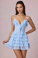 Ruffled Lace-Up A-Line Mini Dress in Powder Blue