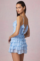 Ruffled Lace-Up A-Line Mini Dress in Powder Blue