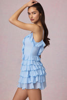 Ruffled Lace-Up A-Line Mini Dress in Powder Blue