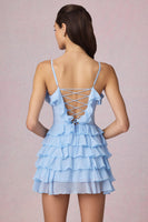 Ruffled Lace-Up A-Line Mini Dress in Powder Blue