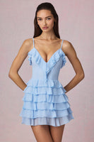 Ruffled Lace-Up A-Line Mini Dress in Powder Blue