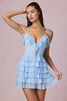 Ruffled Lace-Up A-Line Mini Dress in Powder Blue