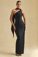 Asymmetric Scarf-Detail Maxi Dress in Black