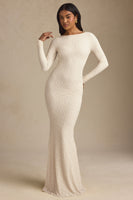 Ruched Backless Lace Maxi Dress in Ivory