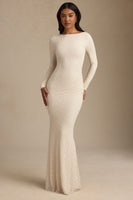 Ruched Backless Lace Maxi Dress in Ivory