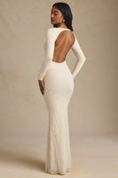 Ruched Backless Lace Maxi Dress in Ivory
