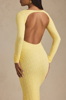 Ruched Backless Lace Maxi Dress in Pastel Yellow