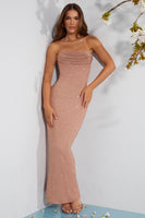 Embellished Bandeau Cowl Neck Maxi Dress in Beige