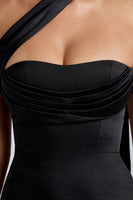 Draped Halterneck Satin Mini Dress in Black