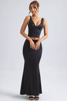 Mid-Rise Fishtail Maxi Skirt in Black