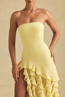Ruffle-Trim Strapless Gown in Pastel Yellow