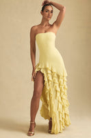 Ruffle-Trim Strapless Gown in Pastel Yellow