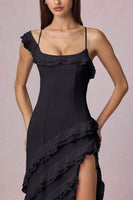 Asymmetric Ruffled Lace-Up Gown in Black