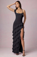 Asymmetric Ruffled Lace-Up Gown in Black