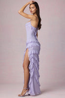 Asymmetric Ruffled Lace-Up Gown in Lilac