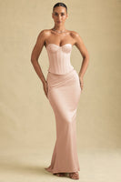 Draped Low-Rise Maxi Skirt in Beige Gold