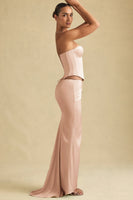Draped Low-Rise Maxi Skirt in Beige Gold