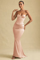 Draped Low-Rise Maxi Skirt in Beige Gold