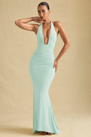 Ruched Backless Halterneck Gown in Mint