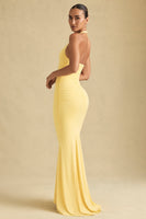 Ruched Backless Halterneck Gown in Pastel Yellow