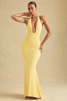 Ruched Backless Halterneck Gown in Pastel Yellow