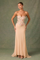 Embellished Corset Fishtail Gown in Floral Beige