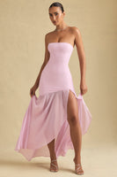 Asymmetric Strapless Fishtail Maxi Dress in Soft Pink