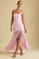 Asymmetric Strapless Fishtail Maxi Dress in Soft Pink