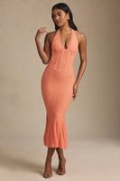 Halterneck Corset Lace Midaxi Dress in Peach