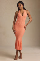 Halterneck Corset Lace Midaxi Dress in Peach