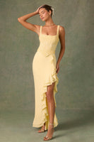 Embellished Ruffle-Trim Corset Gown in Yellow