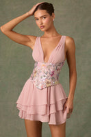 Embellished Ruffled Corset Mini Dress in Floral Pink