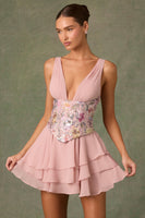 Embellished Ruffled Corset Mini Dress in Floral Pink