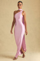Asymmetric Scarf-Detail Maxi Dress in Soft Pink