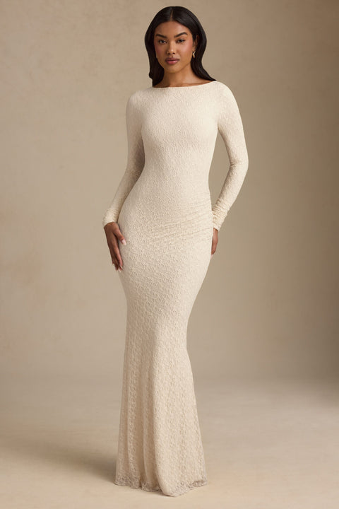 Ruched Backless Lace Maxi Dress in Ivory