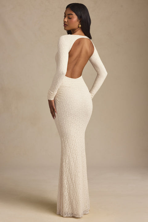 Ruched Backless Lace Maxi Dress in Ivory